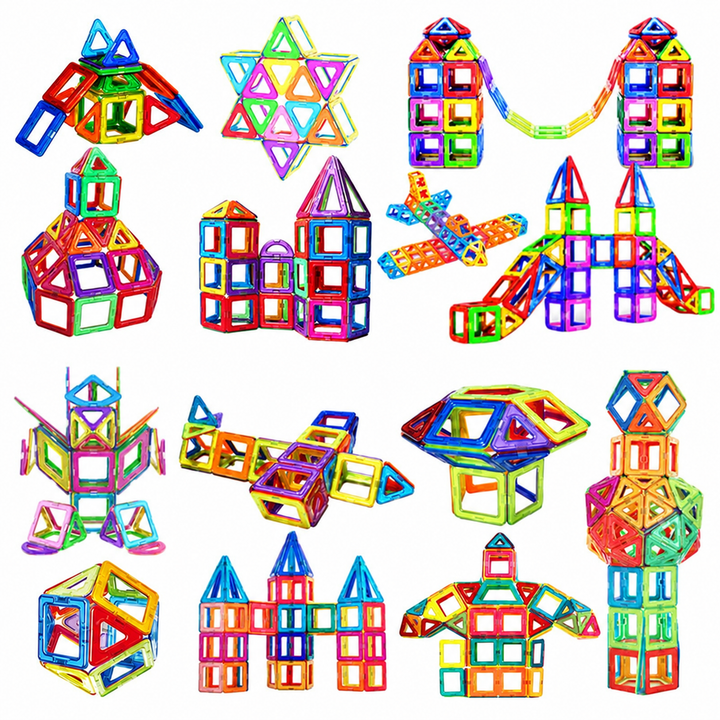 Magnetic building ideas including houses, a plane, a robot, and geometric models