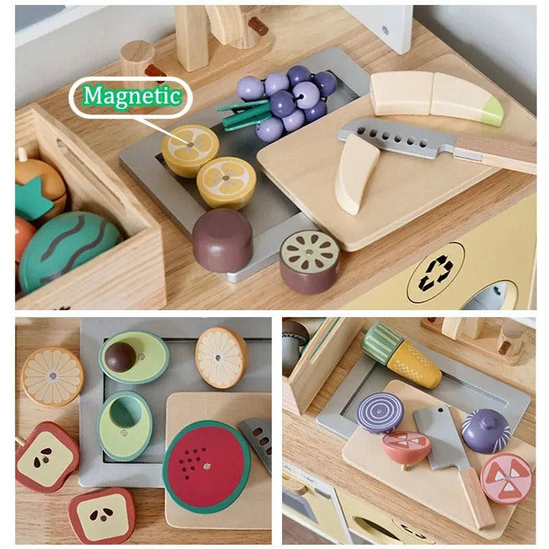 Magnetic wooden fruit and vegetable pieces with a toy knife and cutting board