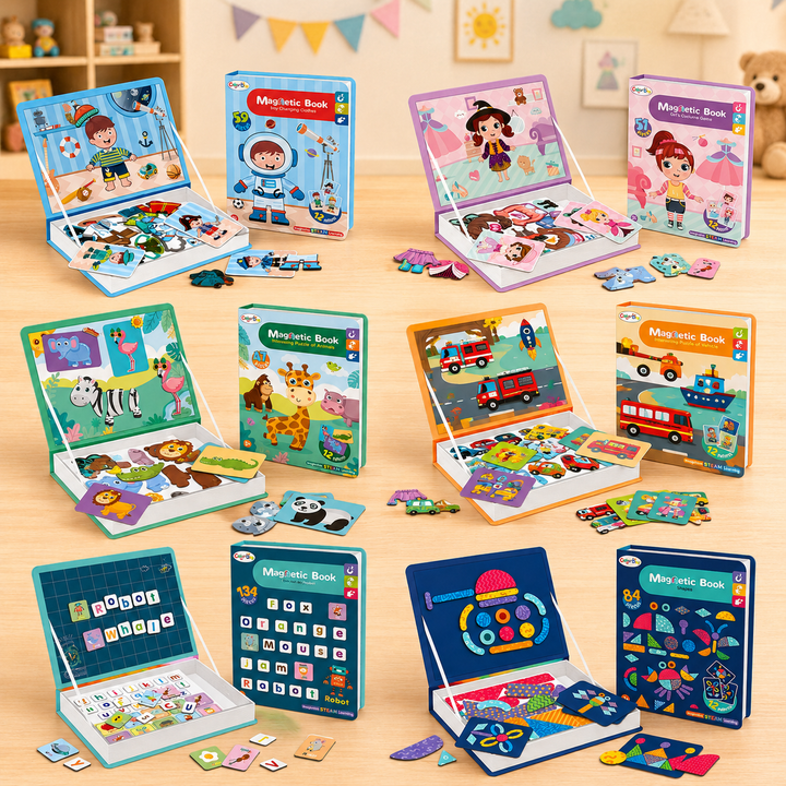 Six magnetic puzzle book themes with open play pages, example cards, and colorful pieces
