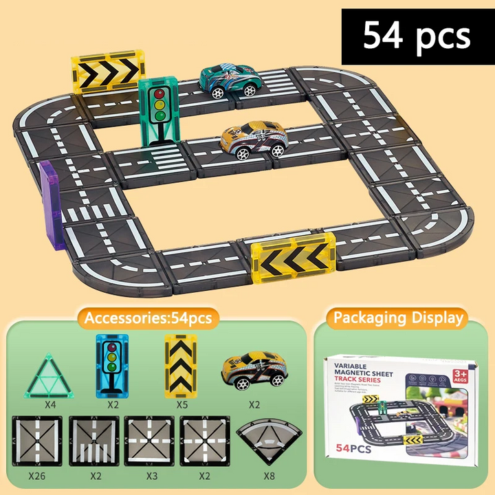 54-piece magnetic road set with a rectangular track, two cars, traffic signs, and a parts guide