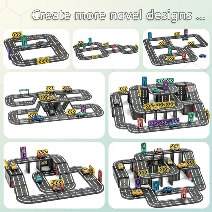Seven magnetic road configurations with flat loops, ramps, bridges, and toy cars
