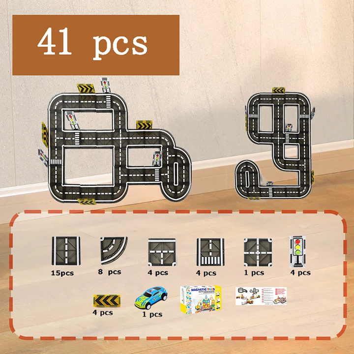 41-piece magnetic road set showing two looped track designs and an illustrated parts guide