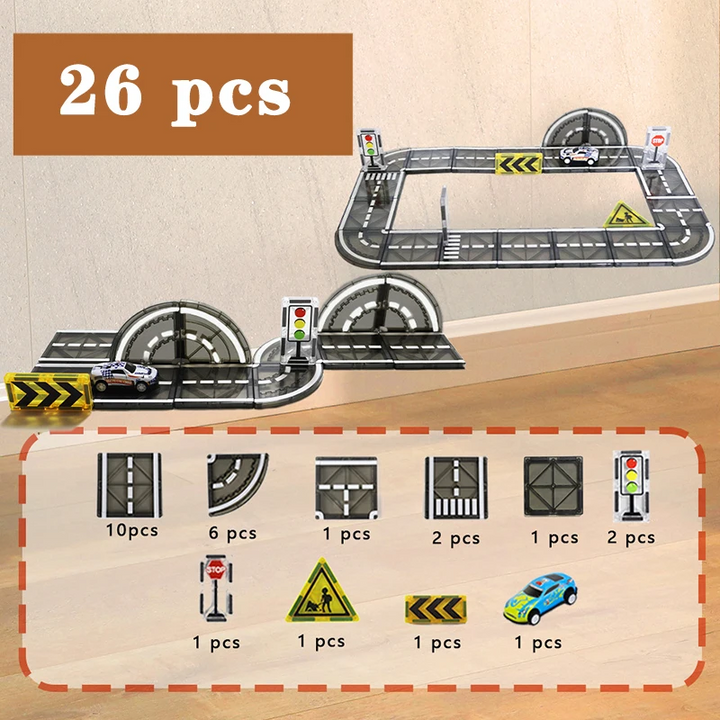 26-piece magnetic road starter set with example layouts, a toy car, signs, and a parts guide