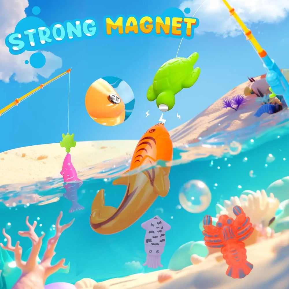 Magnetic fishing rods lifting brightly colored toy fish from water.