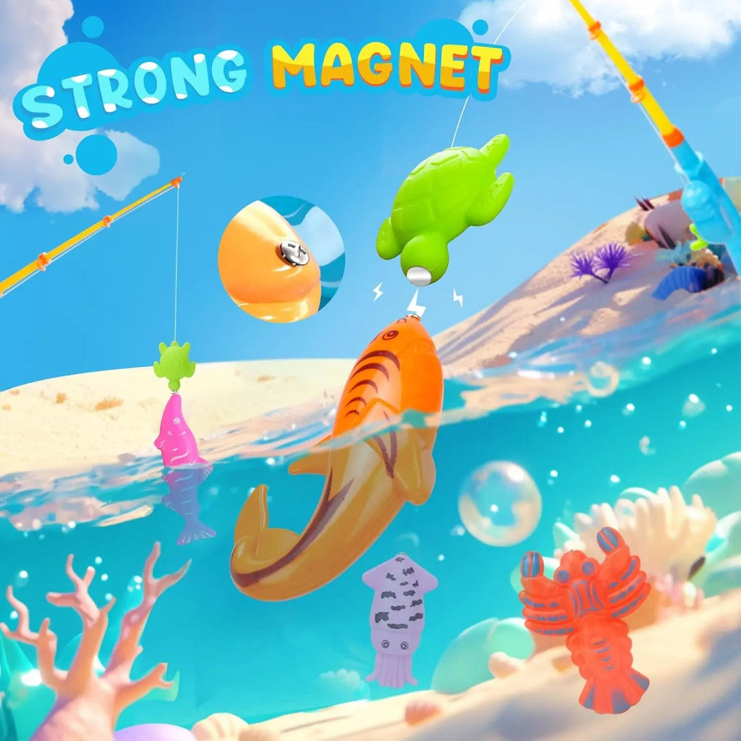 Magnetic fishing rods lifting brightly colored toy fish from water.