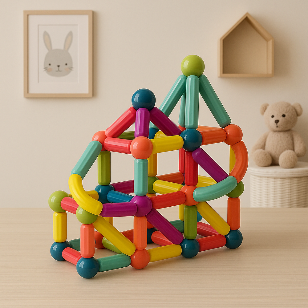 Magnetic stick house on a wooden table in a child's room