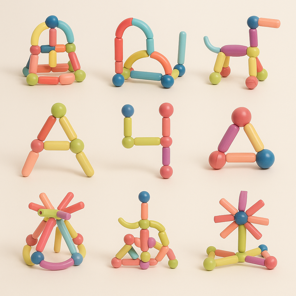 Nine small constructions made with straight and curved magnetic sticks and colorful ball connectors
