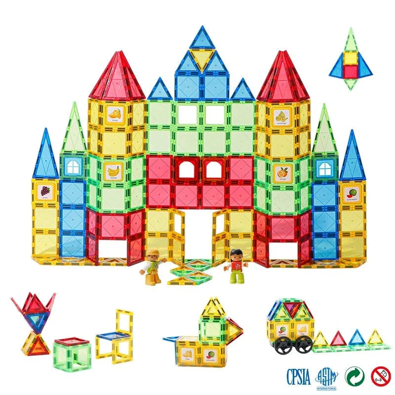 Colorful magnetic tile castle with smaller building examples and a wheeled vehicle