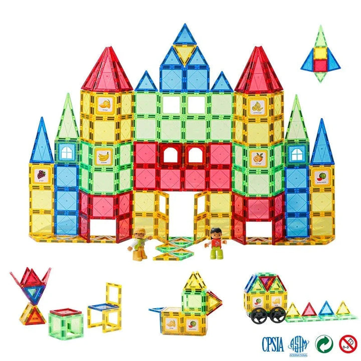 Colorful magnetic tile castle with smaller building examples and a wheeled vehicle