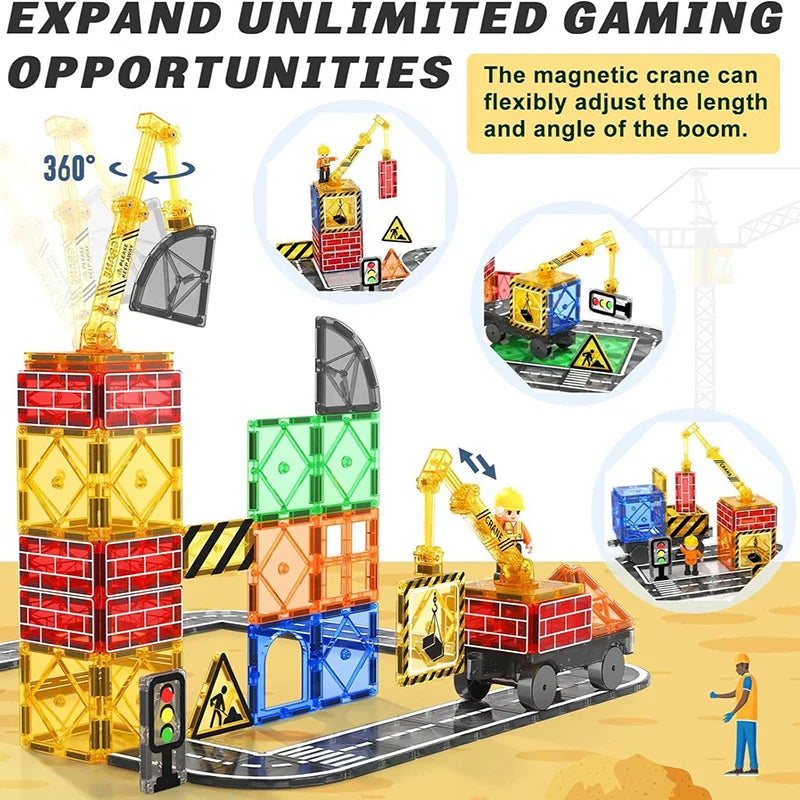 Magnetic tile construction scene with yellow cranes, a truck, traffic signs, and colorful buildings