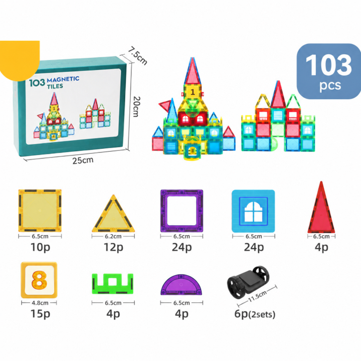 103-piece magnetic tile set with assorted shapes, window tiles, wheels, and a green box