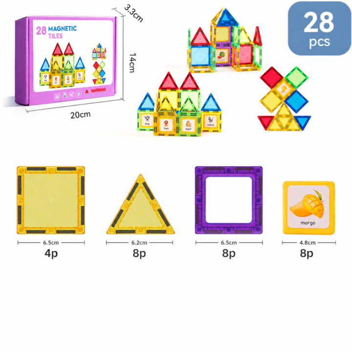 28-piece magnetic tile set showing square and triangle pieces, inserts, and a purple box