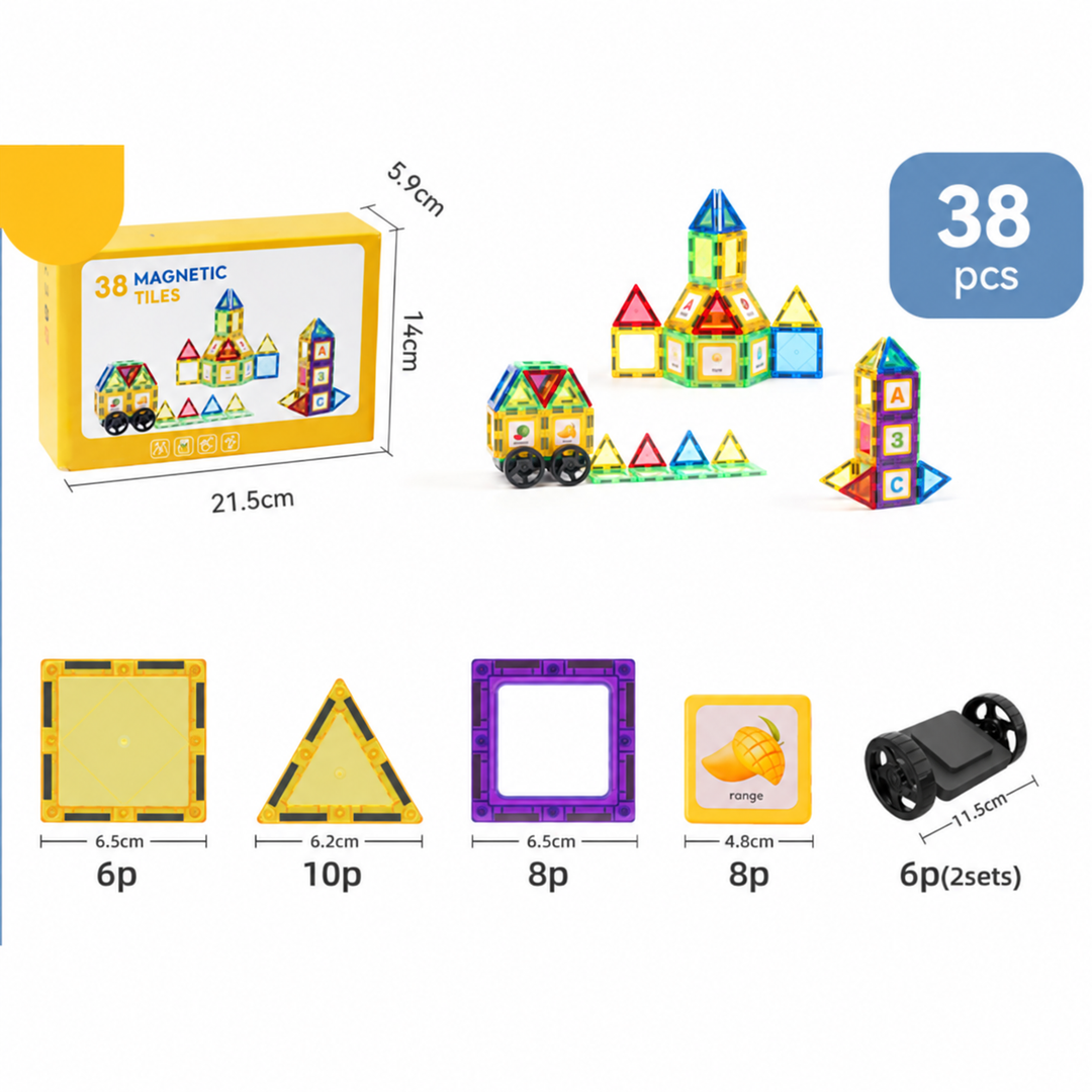 38-piece magnetic tile set with shapes, inserts, wheel components, and a yellow box