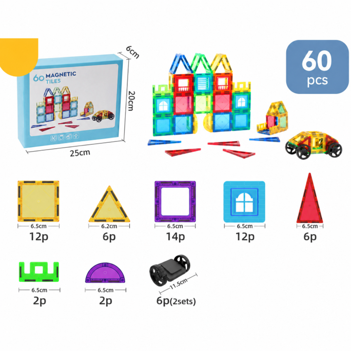 60-piece magnetic tile set with window tiles, triangles, wheel components, and a blue box