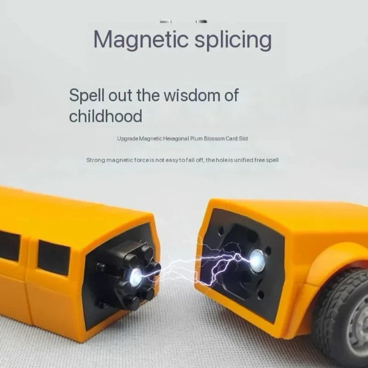 Separated yellow truck sections with magnetic connection points facing each other.