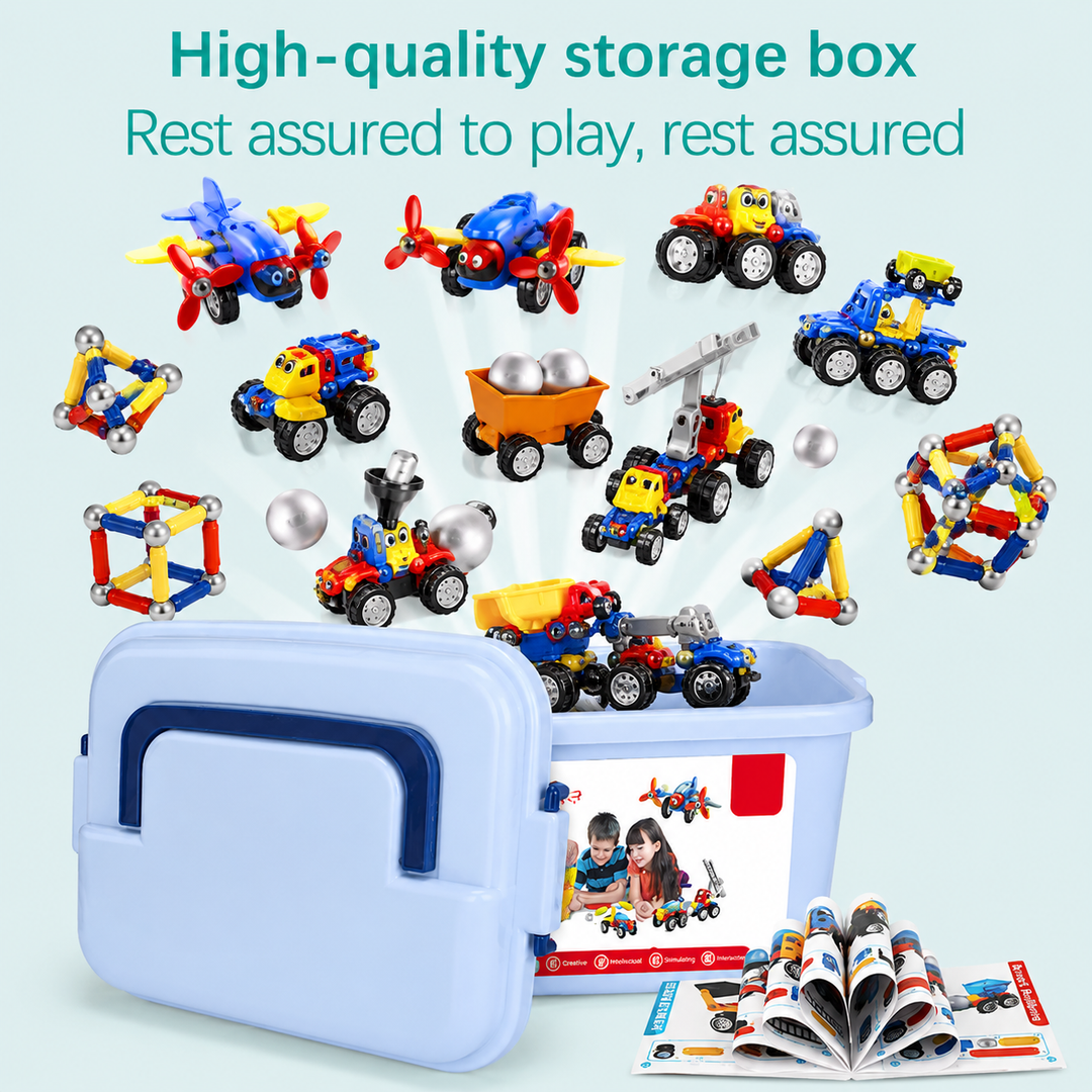 Magnetic vehicles and geometric models displayed with a blue storage box and illustrated guide.