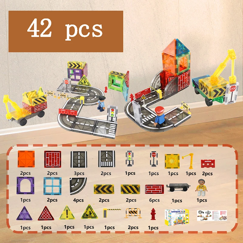 42-piece magnetic village set with buildings, cranes, road pieces, and an illustrated parts guide
