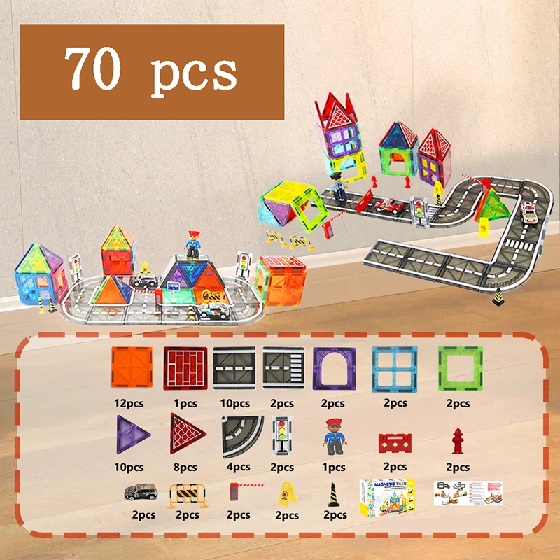 70-piece magnetic village set with colorful buildings, road layouts, and an illustrated parts guide