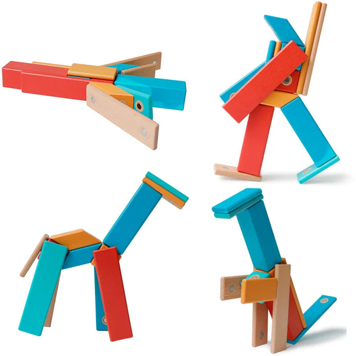 Four model ideas assembled from colorful magnetic wooden pieces