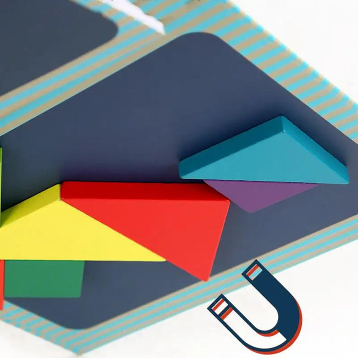 Close-up of colorful tangram pieces on a magnetic board