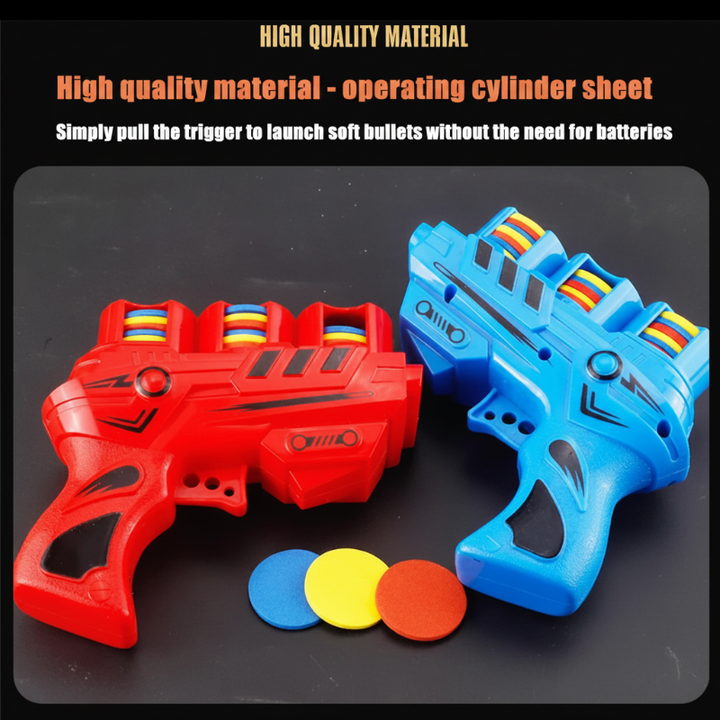 Red and blue manually operated foam disc blasters with colorful discs