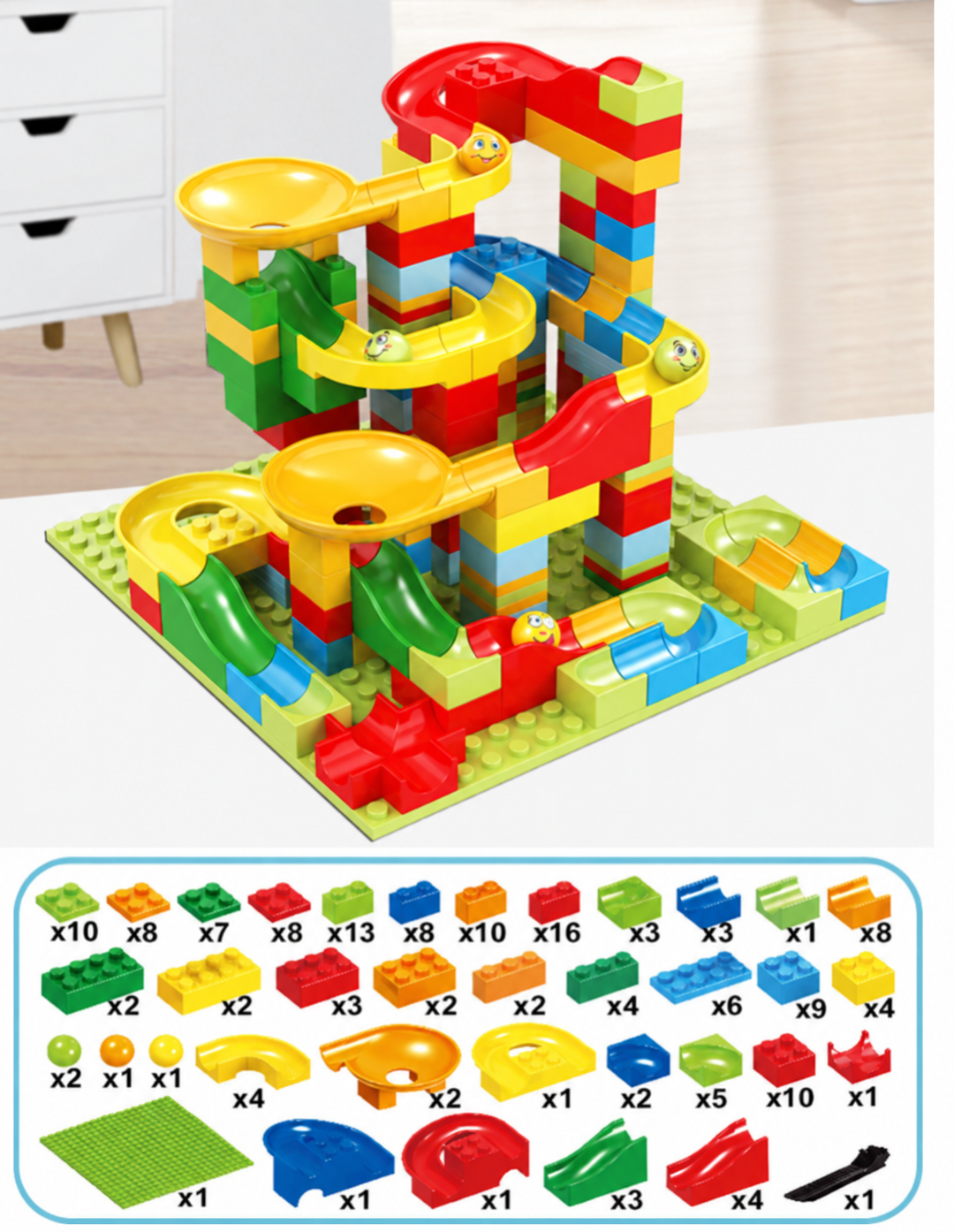 Assembled block marble run above a chart of the included building and track pieces