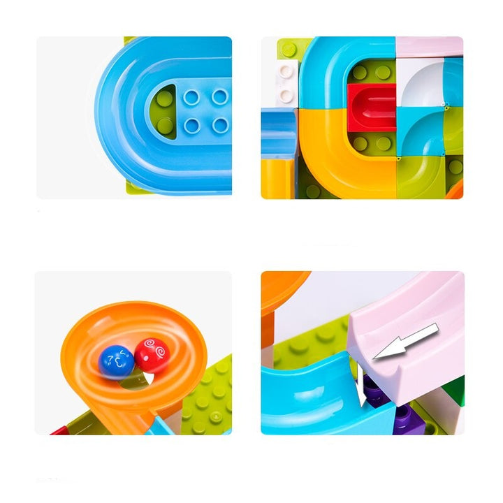Close-ups of marble run curves, a funnel with marbles, and connecting track pieces