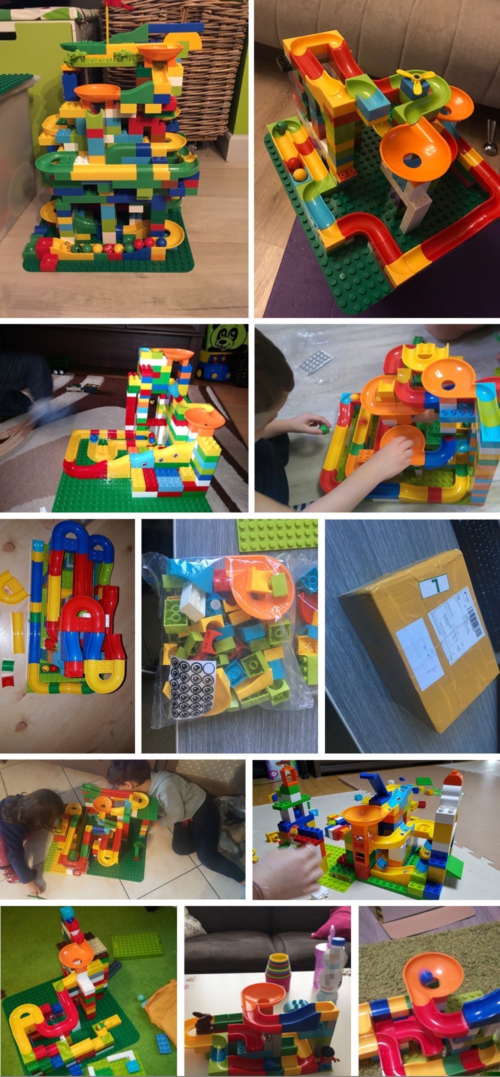 Collage of assembled marble run layouts and hands-on play