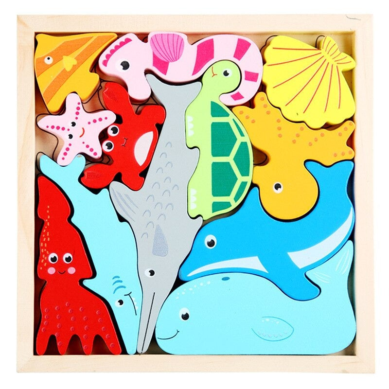 Wooden marine animal puzzle with dolphin, turtle, crab, seahorse, and shell pieces