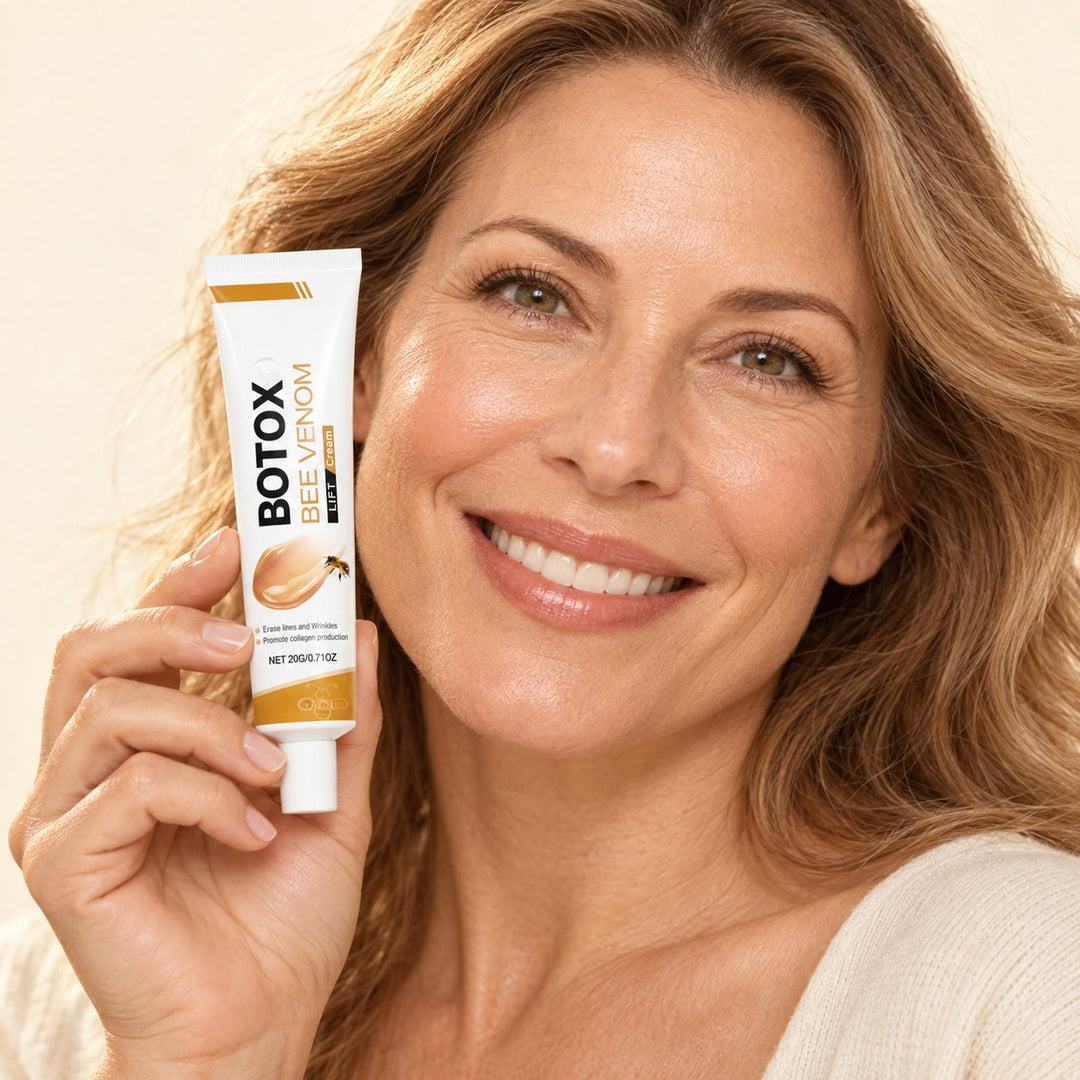 Woman with glowing skin holding Melissara Bee Venom Rejuvenation Cream