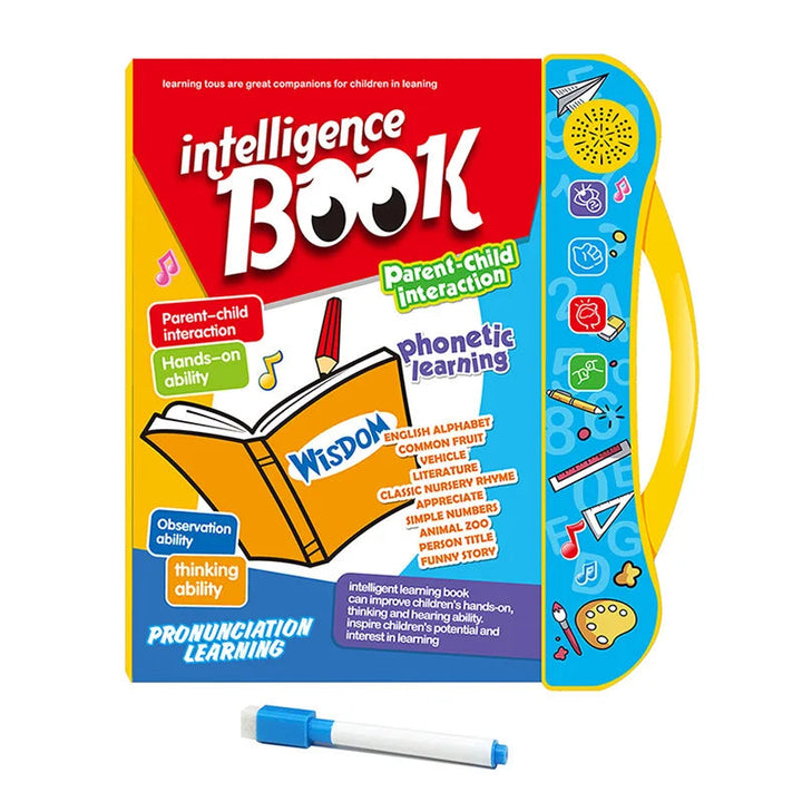 Musical English learning book with a yellow handle, sound controls and a blue-capped marker