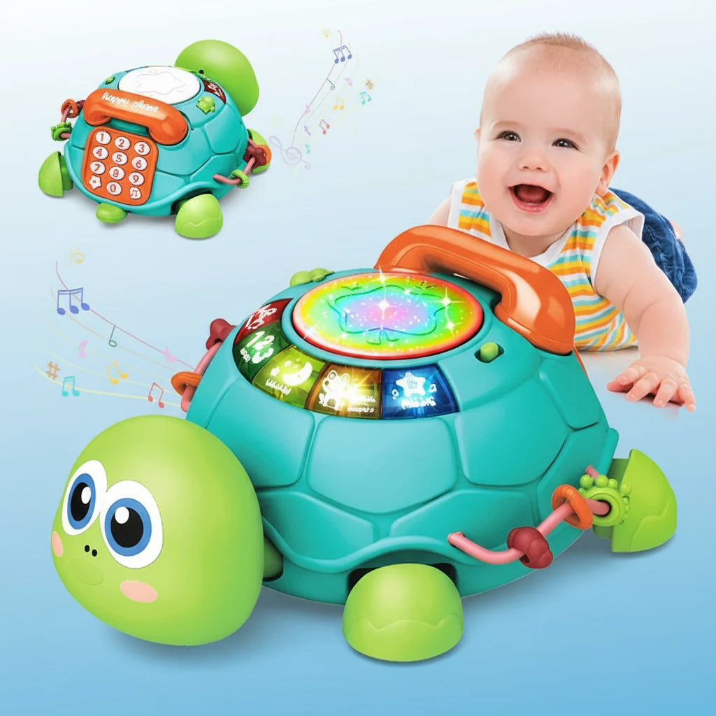 Turquoise musical turtle toy with a glowing shell, green head and orange handle beside a baby