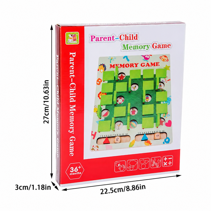 Memory game box with measurements of 27 cm high, 22.5 cm wide, and 3 cm deep.