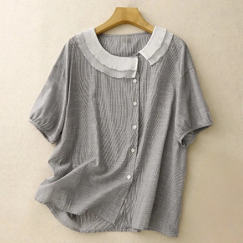 Merinelle — Striped Linen Blouse with Pleated Doll Collar (XS ) - | Zavonix