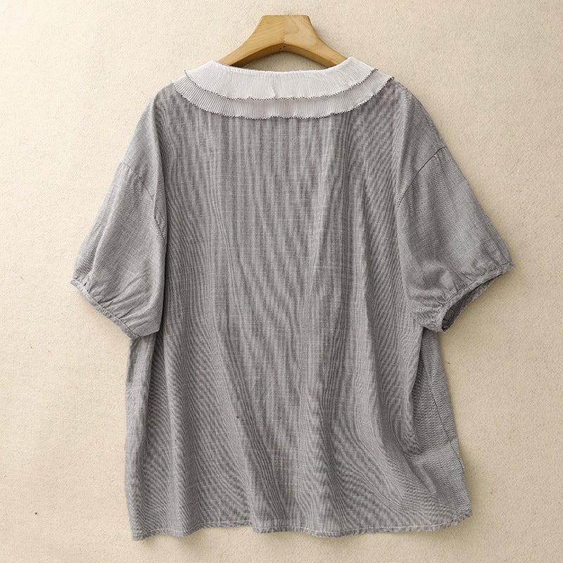 Merinelle — Striped Linen Blouse with Pleated Doll Collar (XS ) - | Zavonix