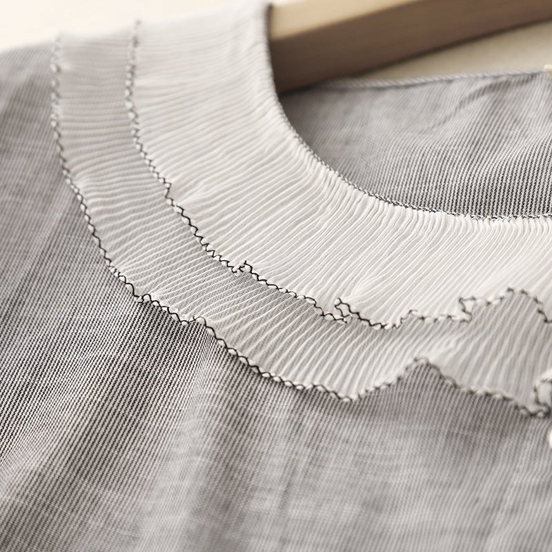 Merinelle — Striped Linen Blouse with Pleated Doll Collar (XS ) - | Zavonix