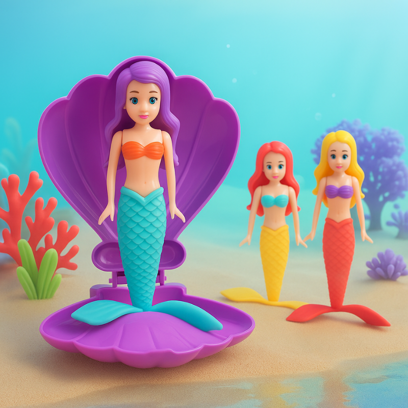 Mermaid bath toy in an open purple shell with yellow-tailed and red-tailed mermaid figures nearby