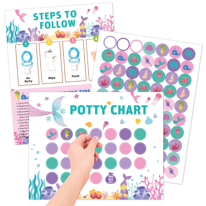 Mermaid potty training chart with ocean-themed stickers and an illustrated routine guide