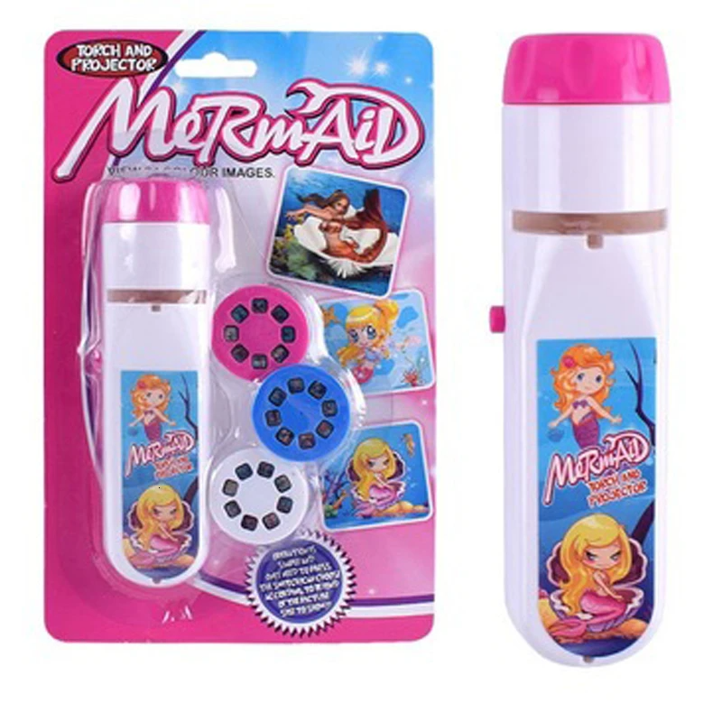 Pink-and-white mermaid projection flashlight beside its package and three slide discs