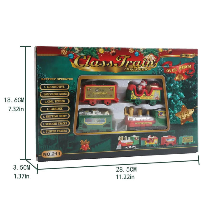 Train set box with labeled dimensions of 28.5 x 18.6 x 3.5 cm