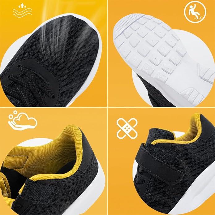 Detail collage showing mesh uppers, sole tread, lining, and strap fastening