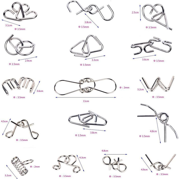 Measurement chart showing assorted metal puzzle shapes and their dimensions.