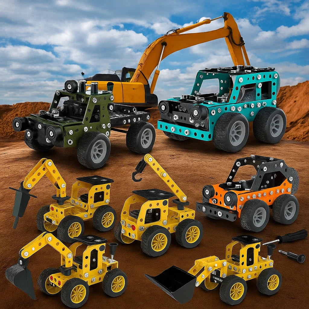 Assorted yellow construction vehicles and colorful off-road metal models on a construction-site backdrop