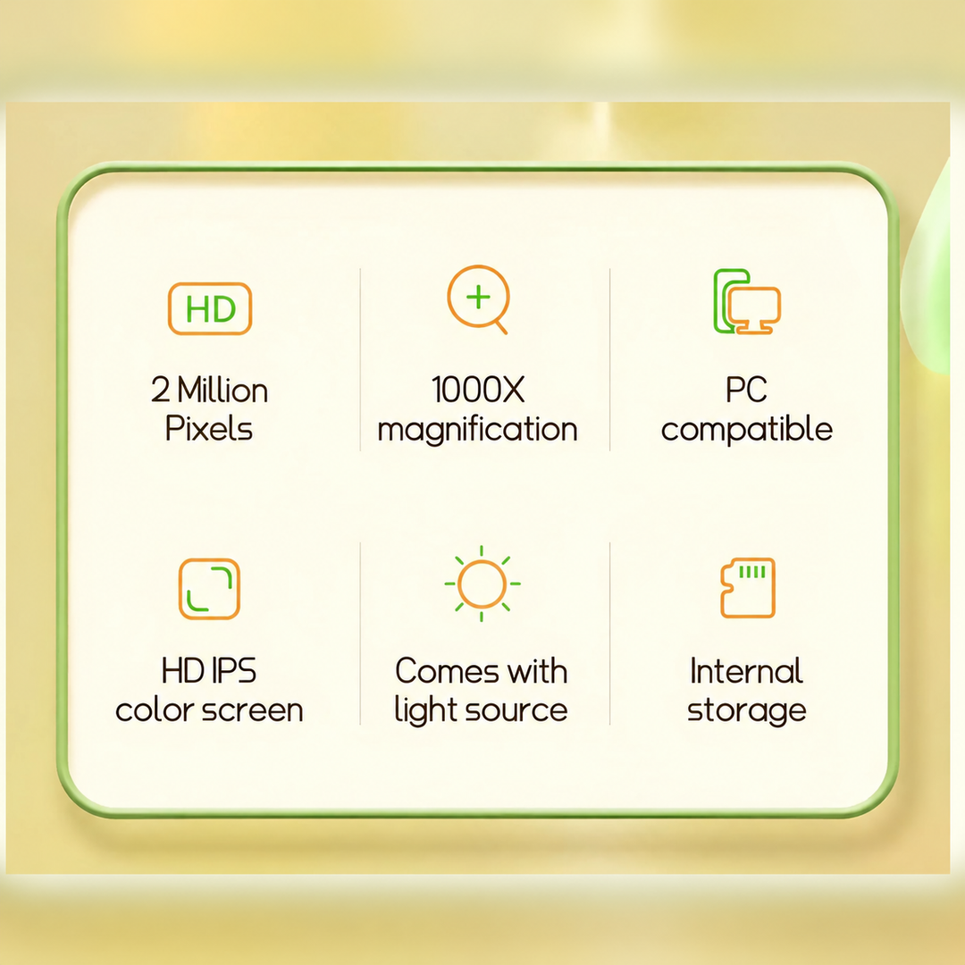 Microscope feature chart showing 1000x magnification, an HD IPS color screen, lighting, and PC compatibility.