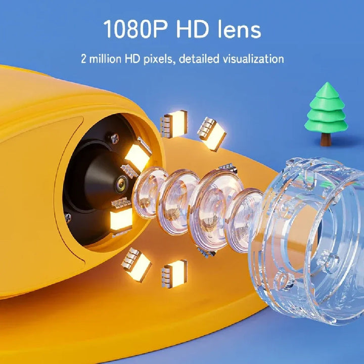 Exploded lens graphic showing the yellow microscope&