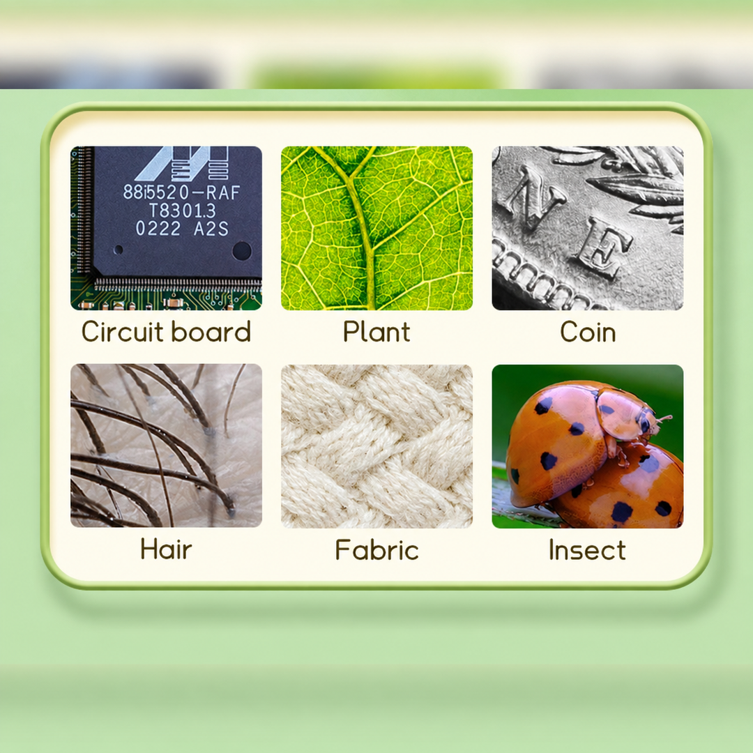 Magnified examples of a circuit board, leaf, coin, hair, fabric, and insect.