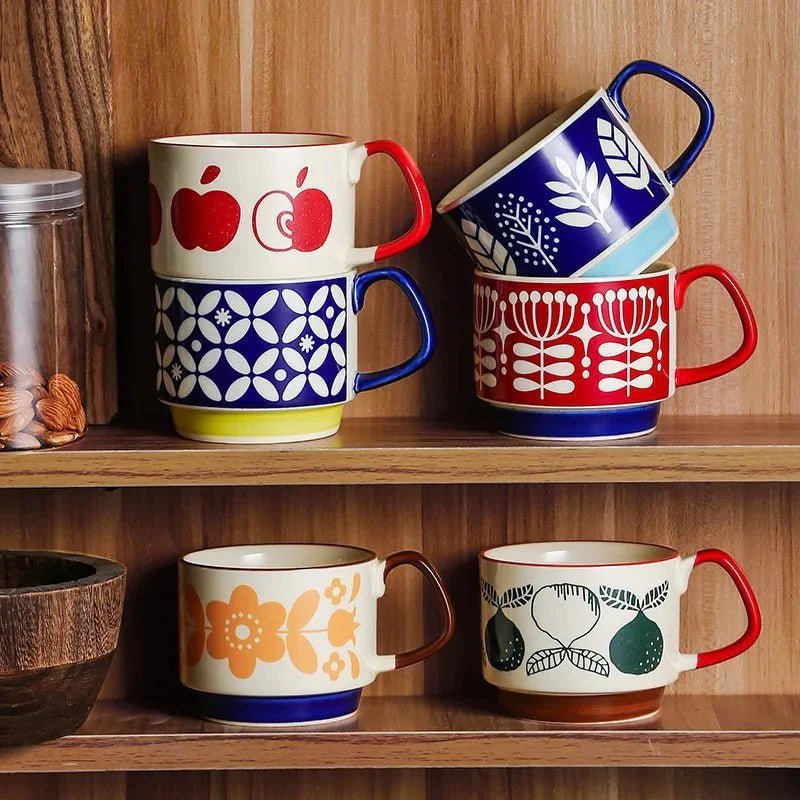 Midcentury Ceramic Stackable Coffee Mugs – Space-Saving Design, Vibrant Colors, Comfortable Handle, 300ml Capacity 3