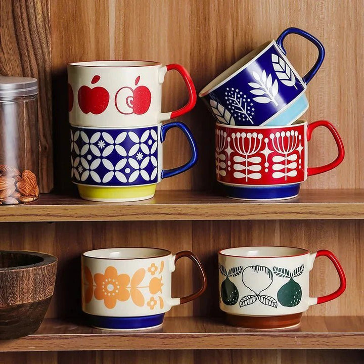 Midcentury Ceramic Stackable Coffee Mugs – Space-Saving Design, Vibrant Colors, Comfortable Handle, 300ml Capacity 3