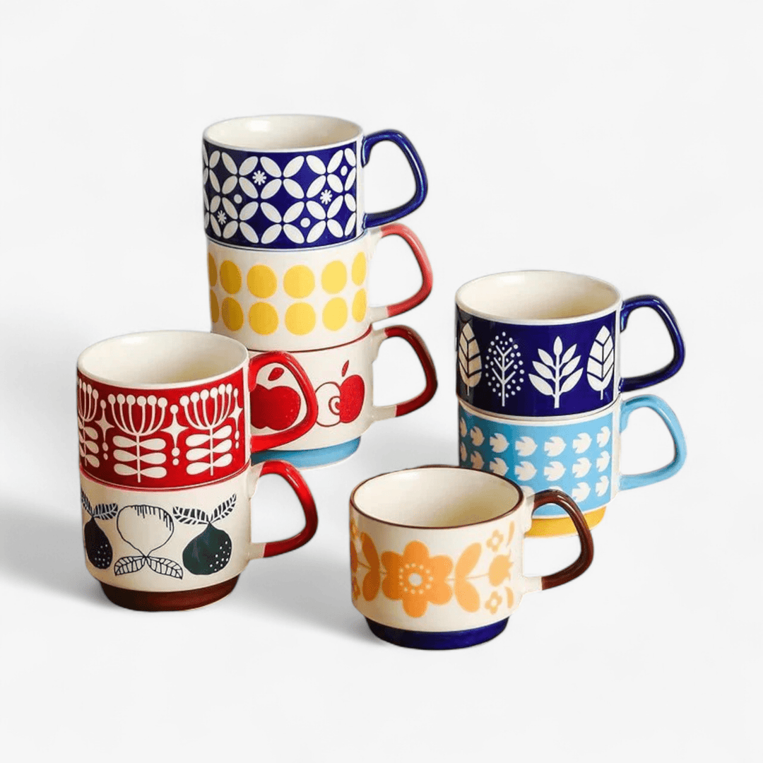 Midcentury Ceramic Stackable Coffee Mugs – Space-Saving Design, Vibrant Colors, Comfortable Handle, 300ml Capacity 0