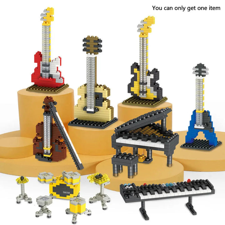 Miniature instrument block models showing guitars, a violin, a piano, a keyboard, and drums